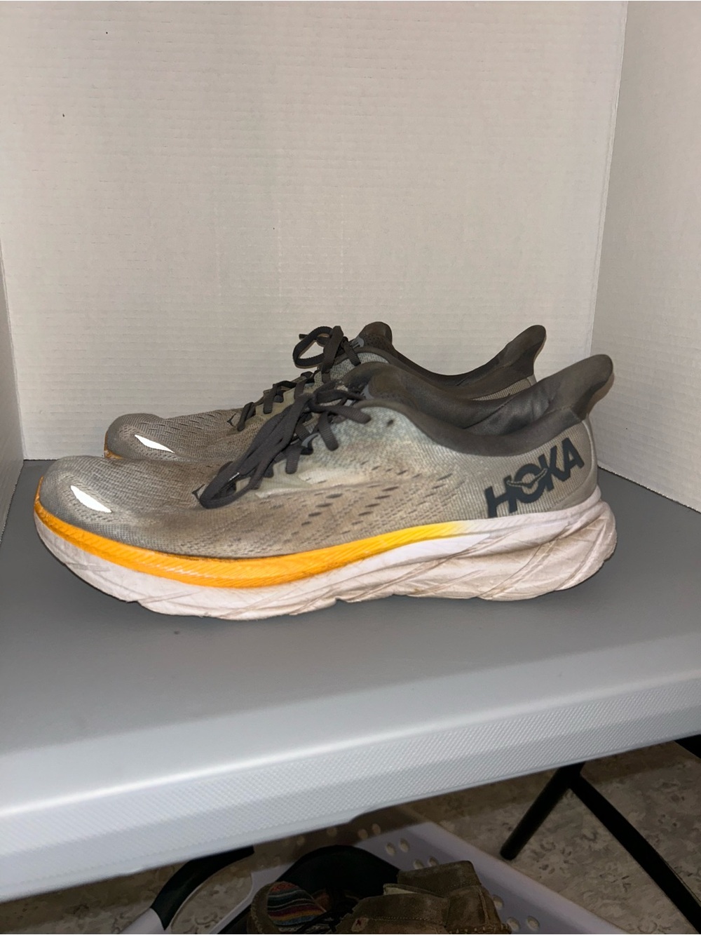 Hoka Lightweight Running Sneakers in Olive Gray with Yellow Stripe